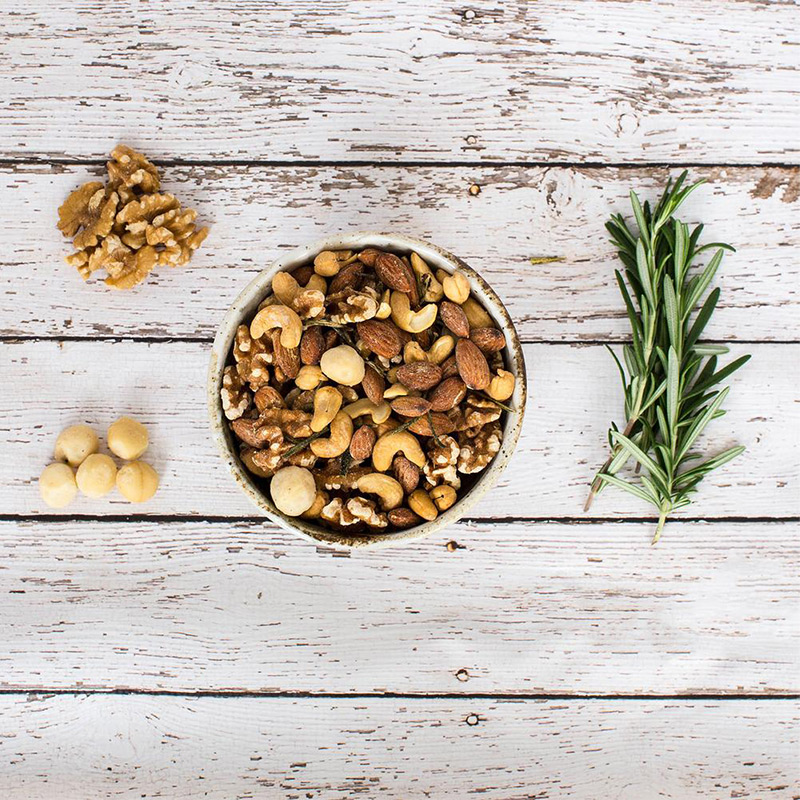A locally sourced delicious mix of premium nuts, baked with fresh rosemary, olive oil and Himalayan rock salt