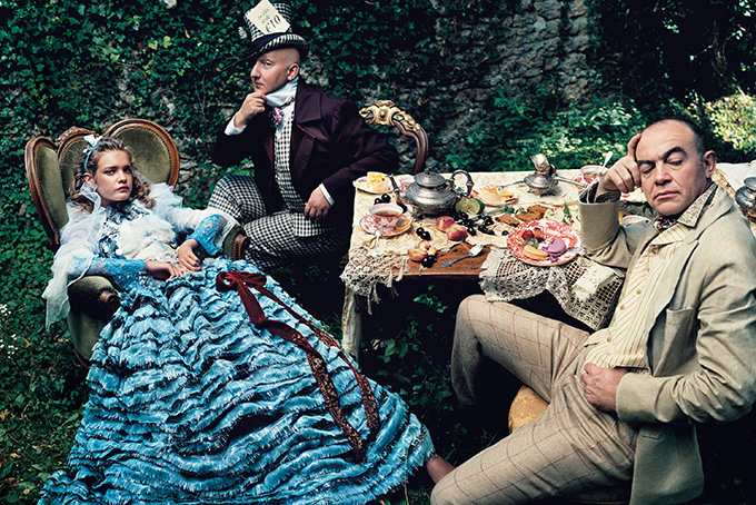 alice in wonderland: Natalia Vodianova (as Alice), Stephen Jones (as the Mad Hatter) and Christian Lacroix, American Vogue, December 2003