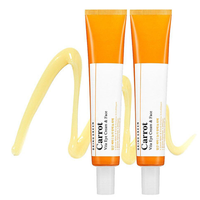 Bring Green Carrot Vita Eye Cream & Face Double Set contains carrot water and carrot complex, retinyl palmitate and beta-carotene from carrot oil