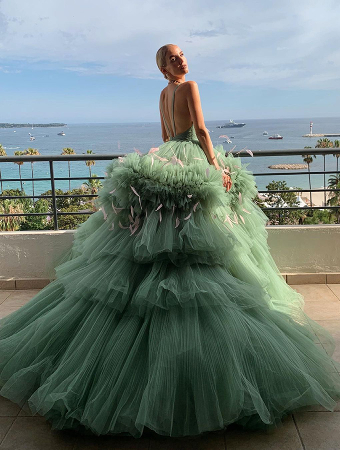 Leonie Hanne in Nicole + Felicia couture at Cannes Film Festival 2021