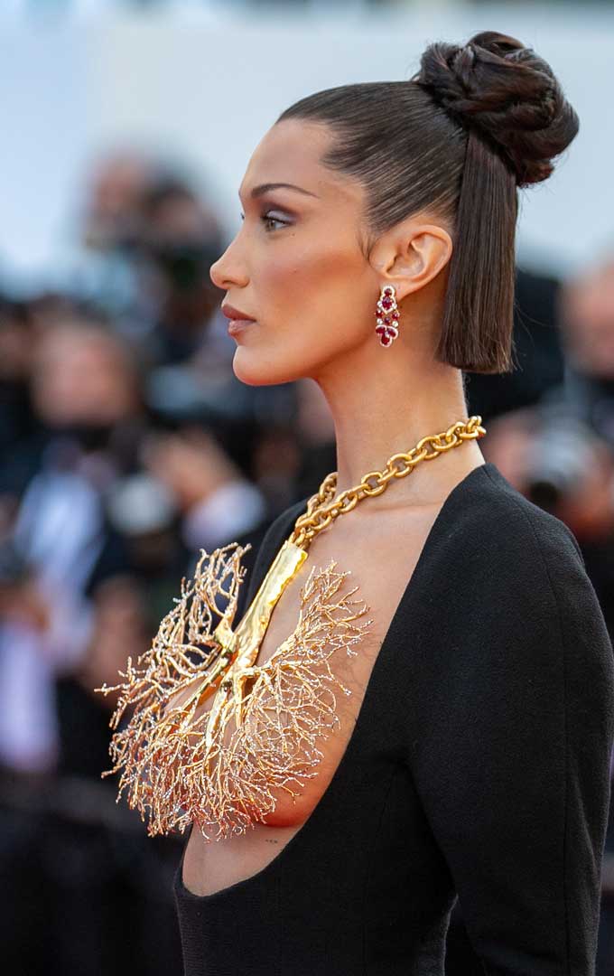 Bella Hadid Wore a Schiaparelli Necklace as a Top on the Cannes Red Carpet