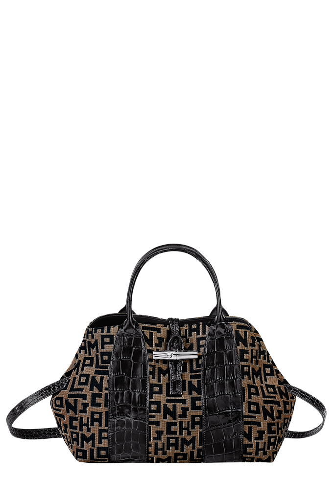 Roseau Jacquard LGP Top Handle Bag in Taupe/Black_SGD815