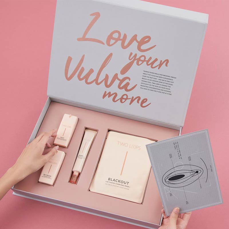 Elevate her self-care ritual with Two Lips' Y-Zone set, featuring Bumpps Sebum-Control Serum (50ml), 5 Blackout Activated Charcoal Vulva Mask, Pout Hyaluronic Acid Hydrating Serum (30ml), De-crease Antioxidant-rich Cream (30ml)