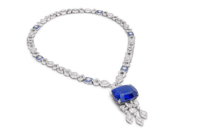 From Deep Time high jewelry collection the Wave necklace with the most  exquisite removable 40.80 velvet blue sapphire from Sri Lanka below…