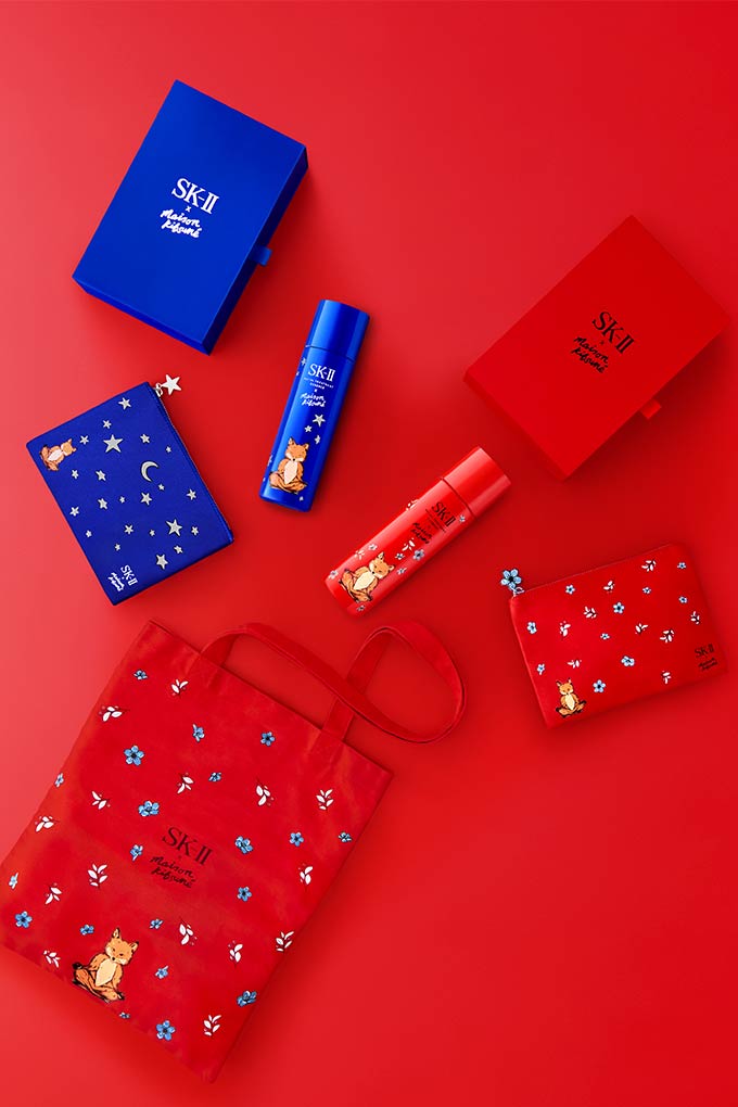 In this first-ever collaboration with the Paris-meets-Tokyo fashion house Maison Kitsuné, the vibrant bottle colors of red and blue represent day and night skin recharge with SK-II’s signature ingredient PITERATM, while the iconic fox sitting in a meditative posture represent the inner energy that helps you get ready and embrace your own beauty