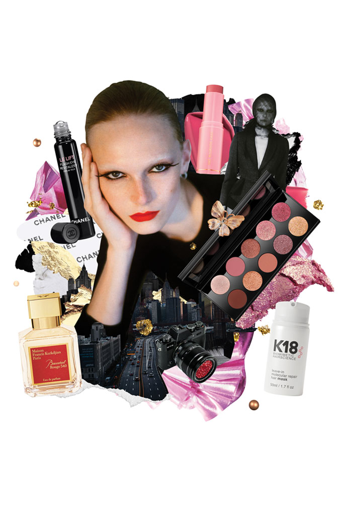 A collage of Alex Consani's favourite beauty products.
