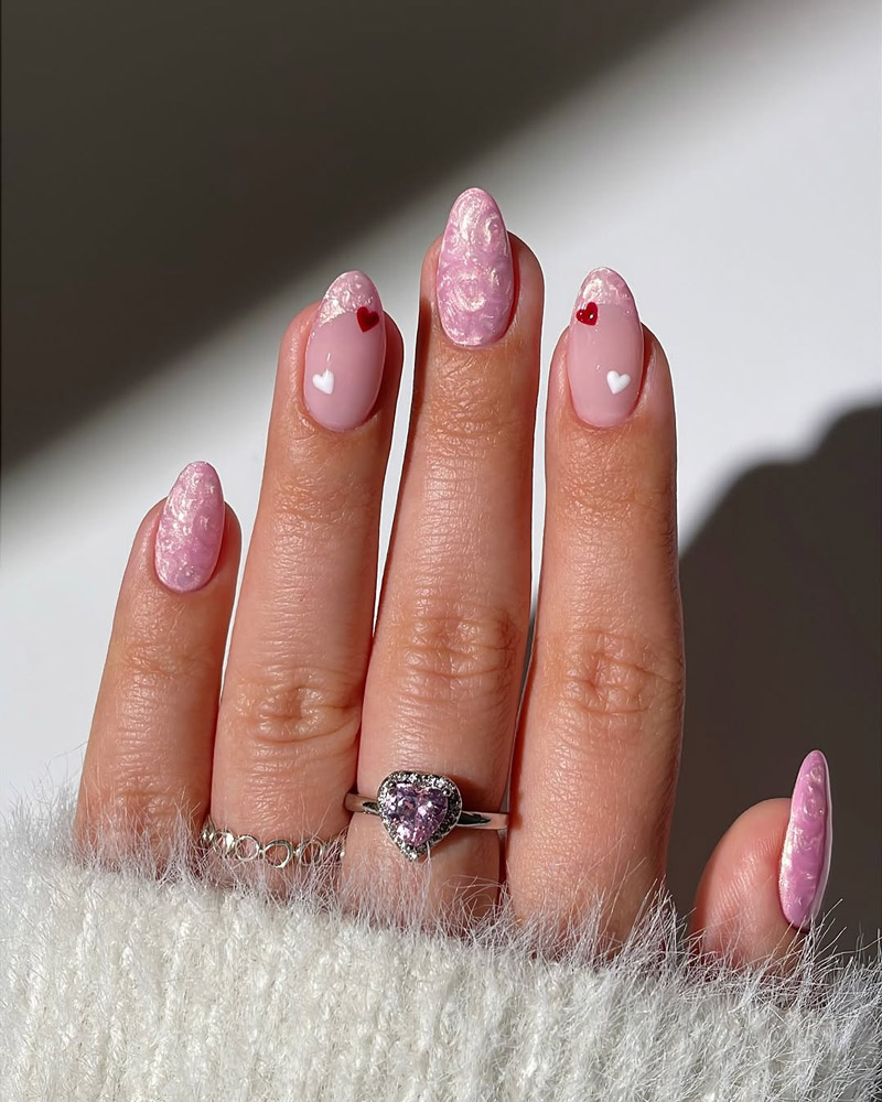 Valentine's Day Nails Pink Pearl Swirl