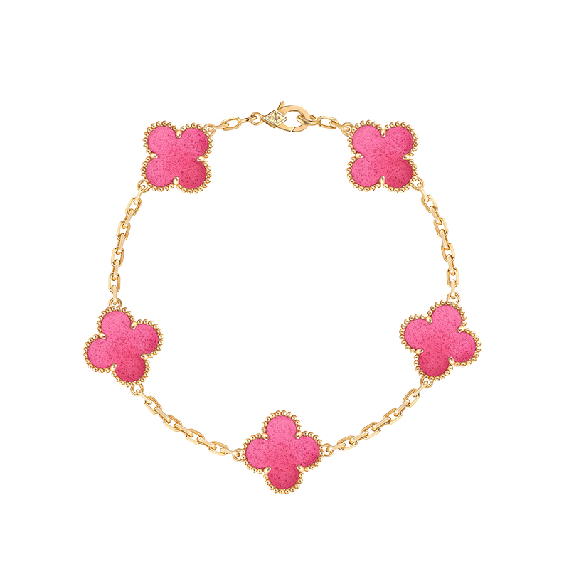 Alhambra pink enamel 5 motif bracelet with yellow gold chain