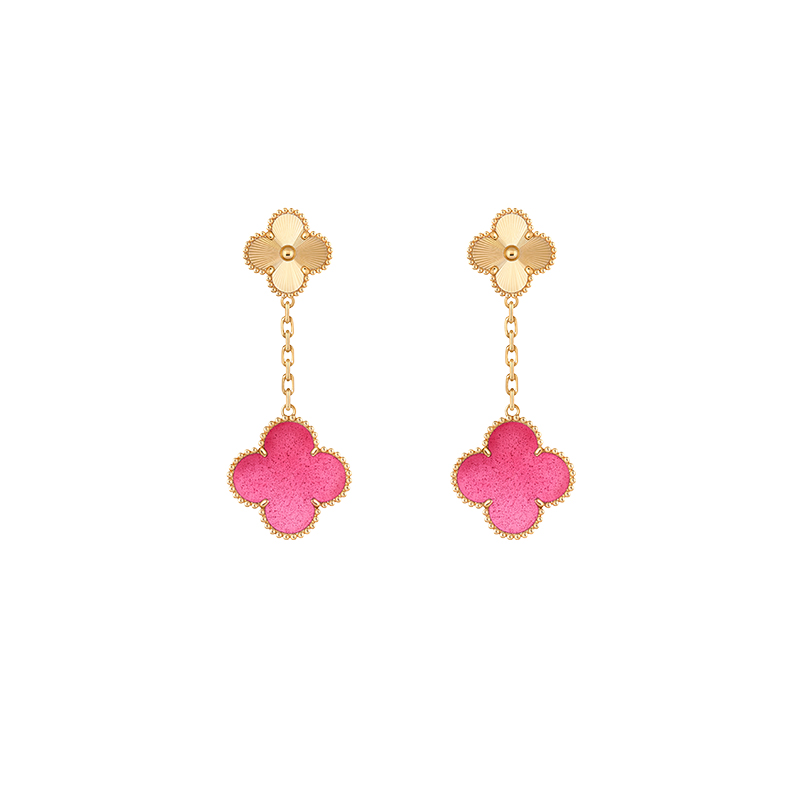 Alhambra pink enamel dangly earrings in yellow gold with guilloché upper motif
