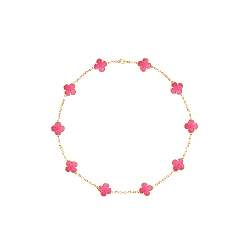 Alhambra pink enamel 10 motif necklace with yellow gold chain