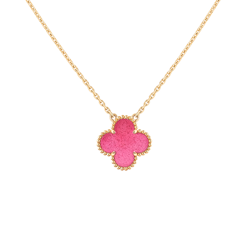 Pendant Alhambra pink enamel necklace with yellow gold chain
