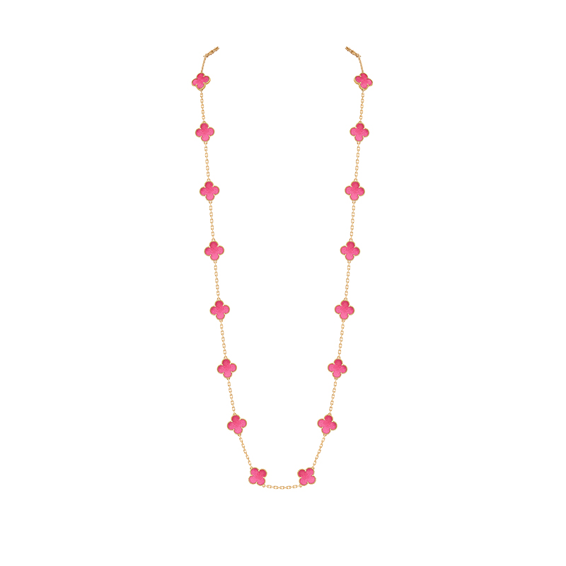Alhambra pink enamel 20 motif necklace with yellow gold chain
