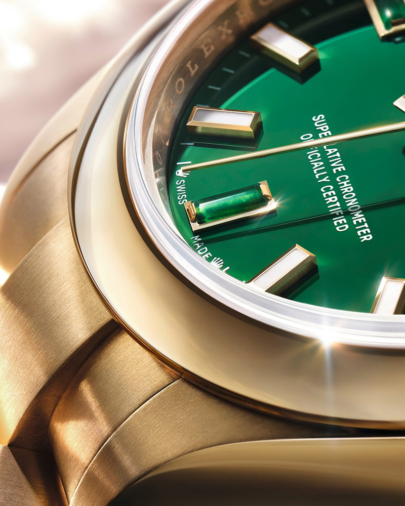rolex oyster perpetual 28 green dial close up